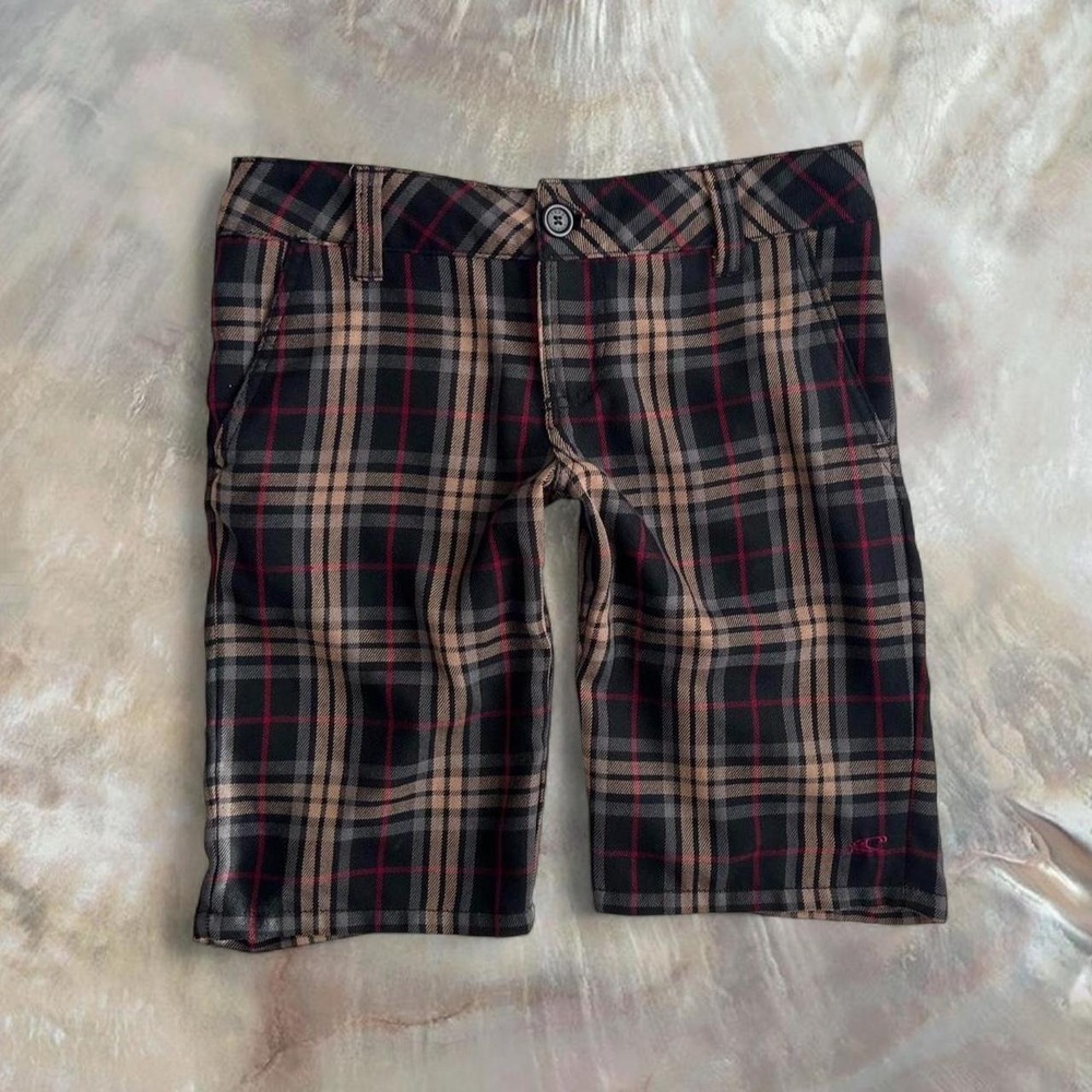 O'Neill Plaid Low Rise Shorts Tan Black Red Y2K Grunge Indie Women Size 1